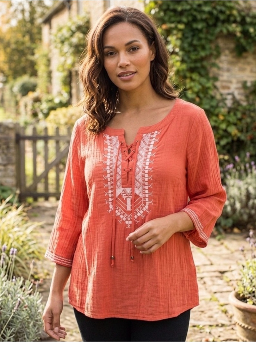 APNY Boho Embroidered Blouse, Women’s Size S, Coral